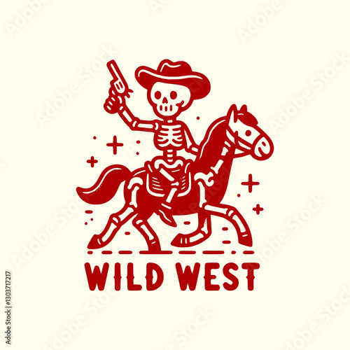 Wild West Skeleton Cowboy Riding a Horse with a Gun Retro Western Skull Outlaw Illustration