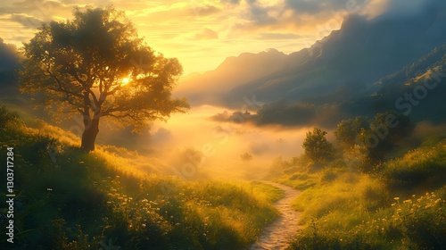 Sunrise path, misty mountains, lone tree, golden hour, landscape, travel, nature, serenity, scenic, wallpaper
