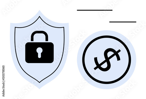 Shield with a locked padlock alongside a dollar sign in a circle, conveying digital security, finance protection, and safe transactions. Ideal for privacy, banking, fintech, cybersecurity, trust