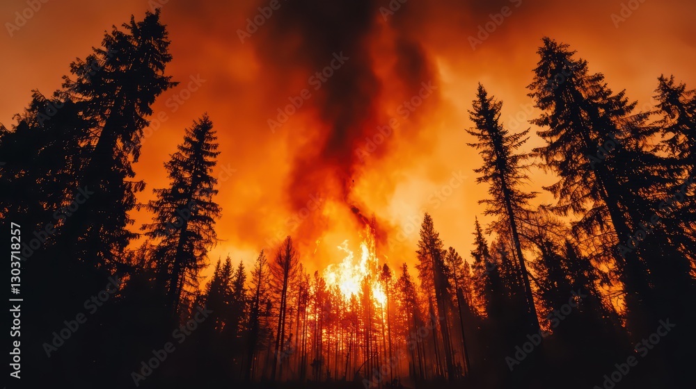 Intense Wildfire Spreading Through Dense Forest Creating Thick Smoke and Dramatic Flames Intense Wildfire Spreading Through Dense Forest Creating Thick Smoke and Dramatic Flames