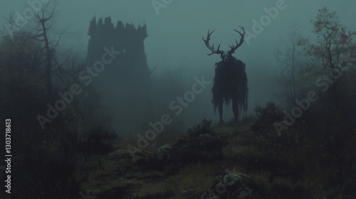 Dark forest with eerie antlered figure and ruined castle