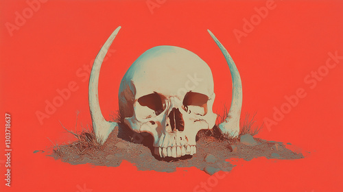 Human skull with horns on red background
