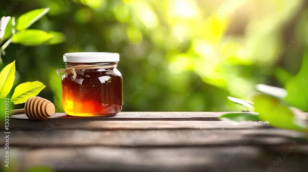 Fresh Honey in Glass Jar with Wooden Dipper Surrounded by Green Leaves and Natural Light Fresh Honey in Glass Jar with Wooden Dipper Surrounded by Green Leaves and Natural Light