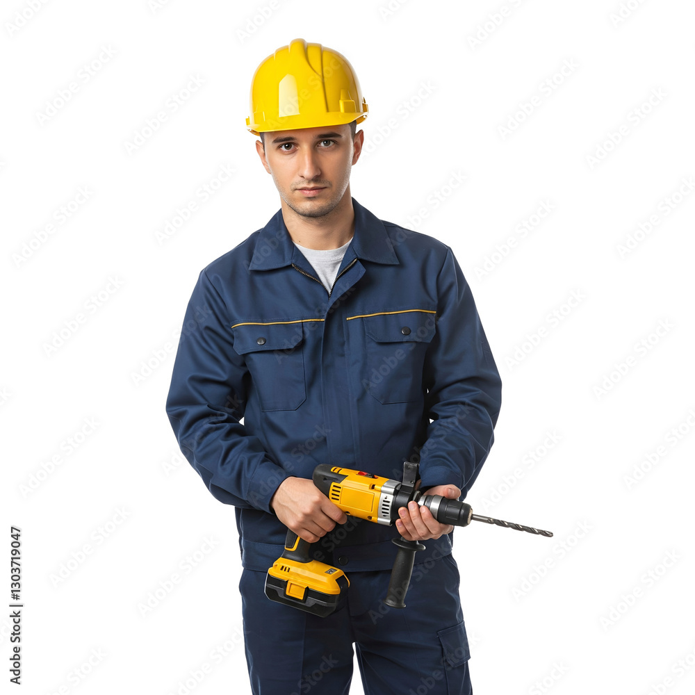 Construction Worker in Yellow Safety Vest and Hard Hat Holding a Power Drill - Transparent Background