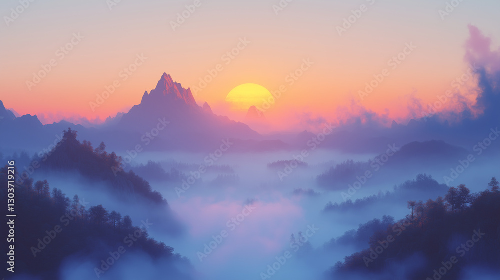 Naklejka premium Misty Mountains at Sunrise
