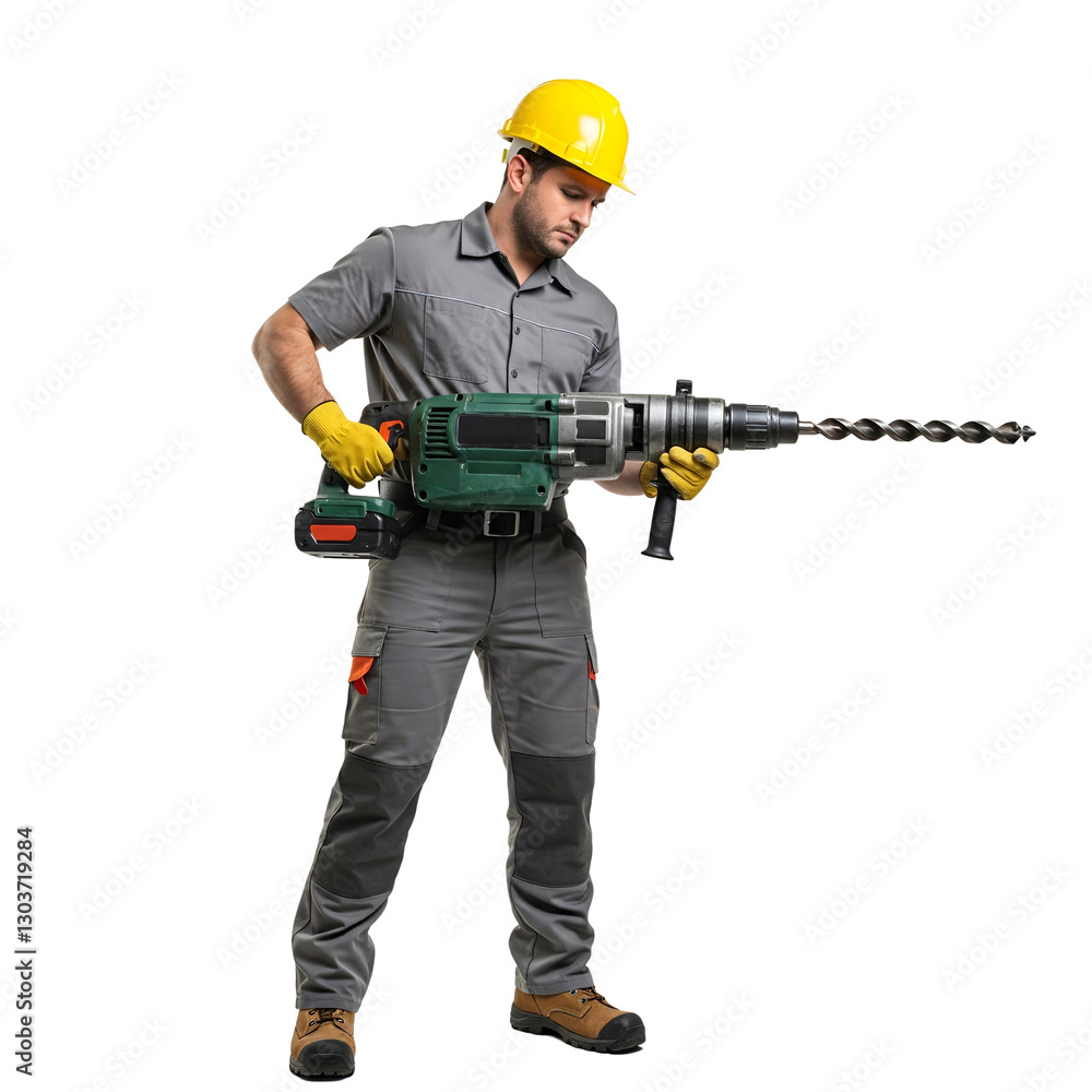 Construction Worker in Yellow Safety Vest and Hard Hat Holding a Power Drill - Transparent Background Construction Worker in Yellow Safety Vest and Hard Hat Holding a Power Drill - Transparent Background