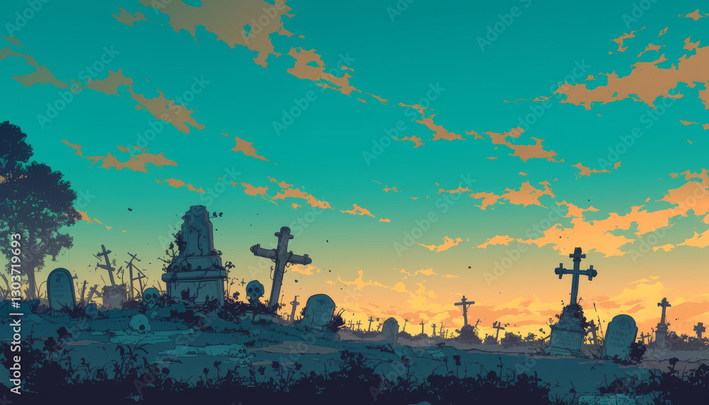 Fototapeta premium Mysterious graveyard at sunset with ancient tombstones and eerie atmosphere