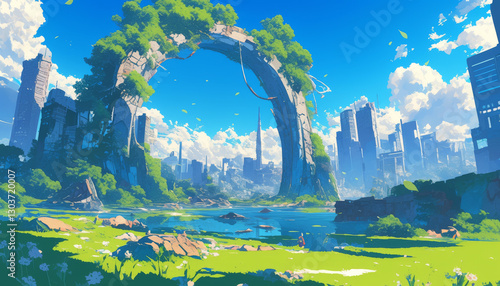 Futuristic overgrown city ruins with giant arch and lush nature