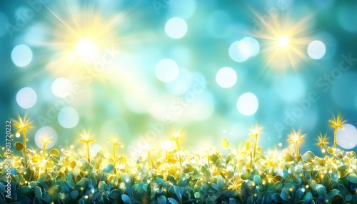 Sparkling Green Grass With Golden Bokeh Lights, Abstract Natural Background For Spring Or Summer