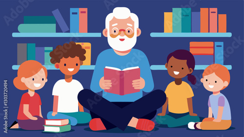Storytelling Hour A senior sharing stories with fascinated children in a cozy library corner surrounded by colorful books and decorations.
