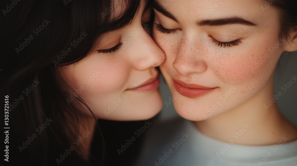 Close embrace between two women sharing a tender moment in soft light and warm tones indoors. Close embrace between two women sharing a tender moment in soft light and warm tones indoors.