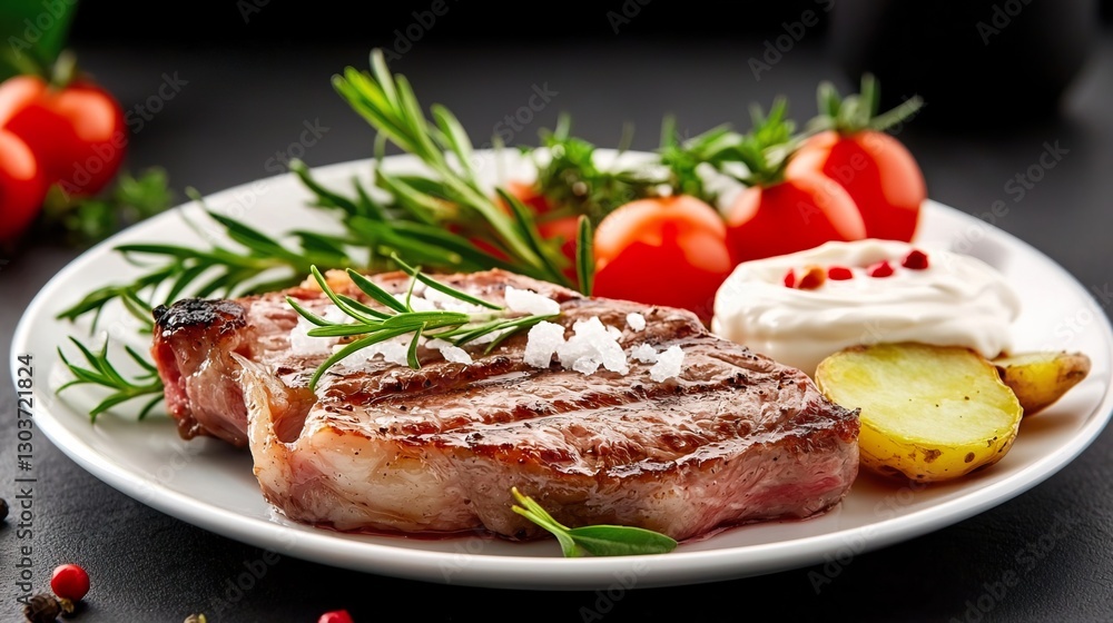 Delicious Grilled Steak with Fresh Herbs, Cherry Tomatoes, and Creamy Sauce on Plate Delicious Grilled Steak with Fresh Herbs, Cherry Tomatoes, and Creamy Sauce on Plate