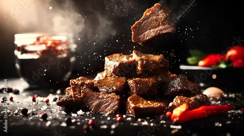 Juicy Beef Pieces with Spices on Dark Background in Culinary Presentation photo