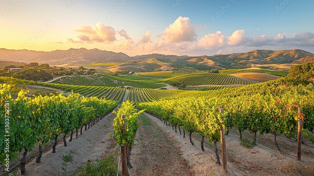 Fototapeta premium Vineyard landscape at golden hour, rolling hills, sunrise