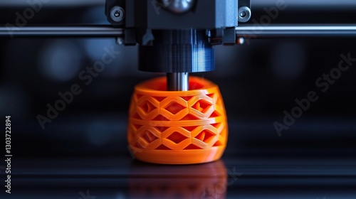 Close-up of 3D Printer Nozzle Extruding Vibrant Orange Filament, Printer creates objects with precision concept.