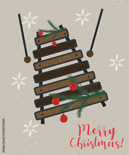 Flat Design Holiday Illustration with xylophone and Snowflakes,Ball,Branch Background