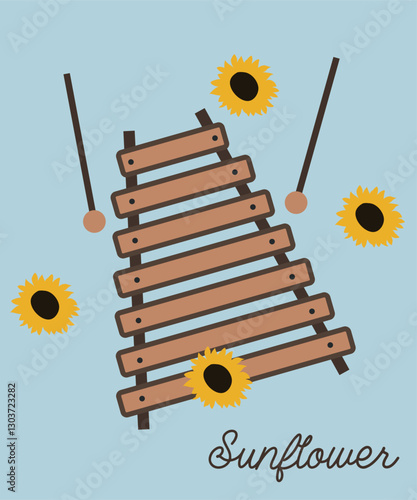 Flat Design Illustration with xylophone and Sunflowers Background