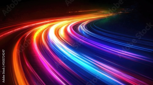 colorful long exposure picture of traffic light of speed car on curve motorway at night time.