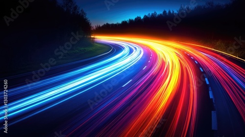 colorful long exposure picture of traffic light of speed car on curve motorway at night time.