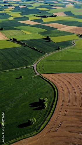 Aerial glide over vibrant patchwork of rolling farmland at golden hour
