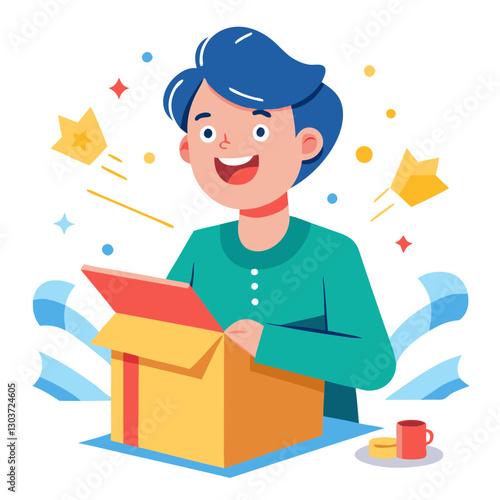 A joyful customer eagerly opens a box at a table, revealing the contents inside. Colorful elements surround them, enhancing the excitement of the unboxing moment