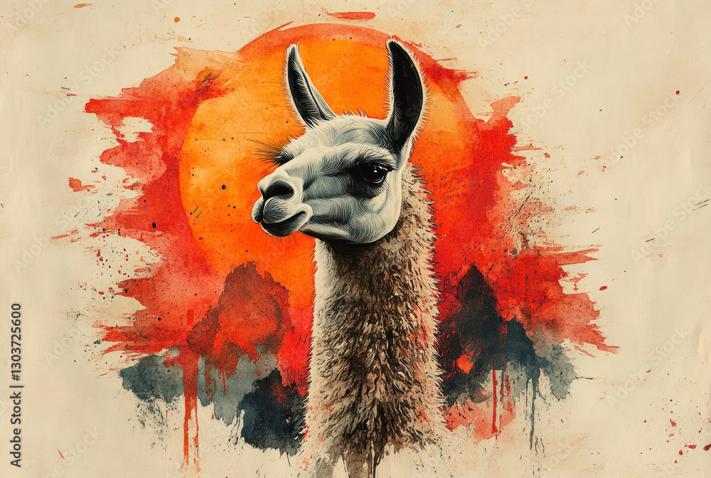 Fototapeta premium A llama with expressive black eyes, looking forward. Its face is detailed, conveying the texture of its fur and facial features with realism.