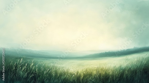 A serene landscape of tall grass and open misty skies