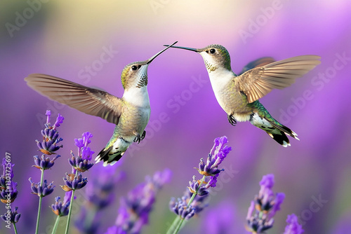 Two hummingbirds hover and interact among vibrant lavender flowers during a sunny morning in a garden setting