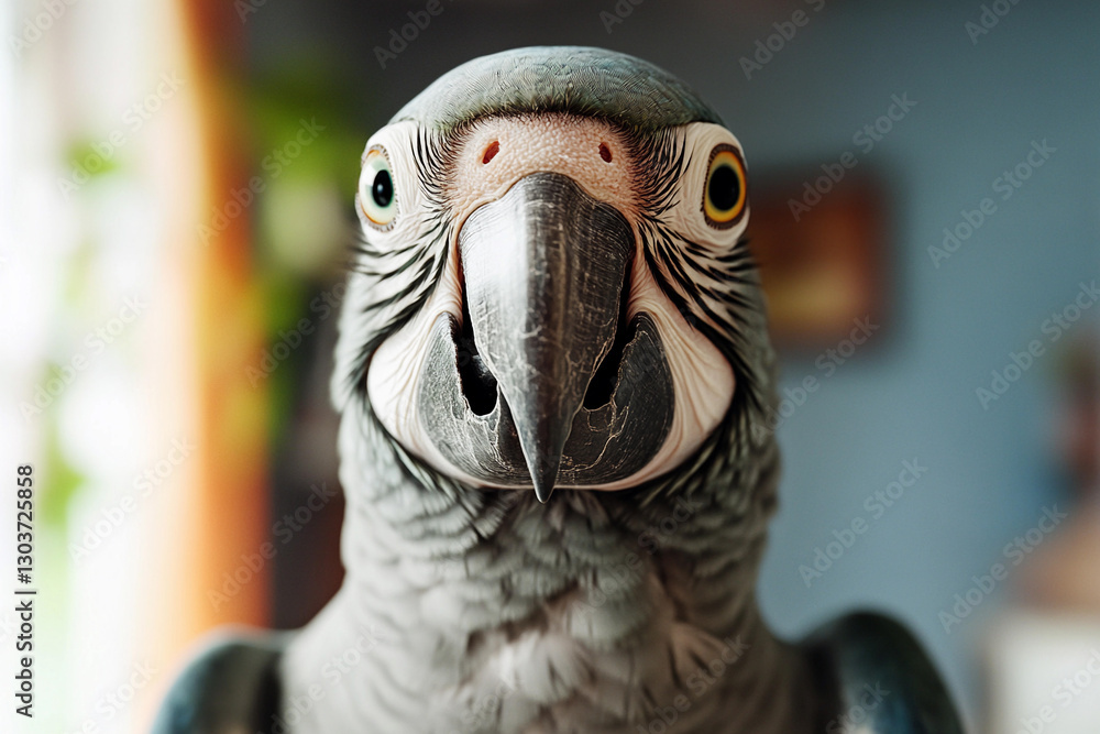 Fototapeta premium Gray parrot showing vibrant details and inquisitive expression in indoor setting during daylight