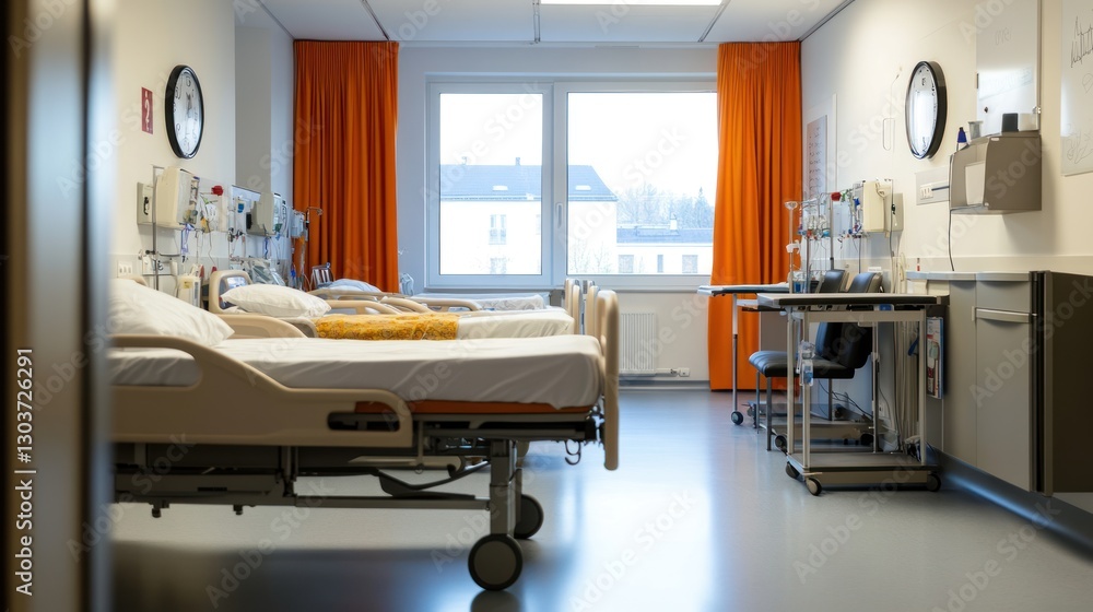 Empty hospital room with beds and windows. Possible use Stock photo for medical and healthcare Empty hospital room with beds and windows. Possible use Stock photo for medical and healthcare