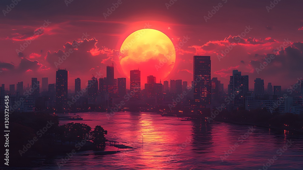 Obraz premium Cityscape sunset, crimson moonrise, river reflection, fantasy art, digital wallpaper
