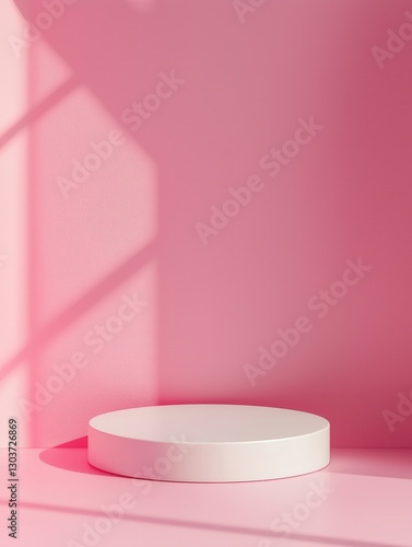 Cotton Candy Pink Concept. Minimalist pink backdrop with a white circular pedestal.