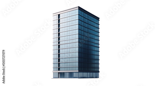 3D minimalist high-rise office building with a sleek, rectangular design and numerous windows. Perfect for urban and business-related visualizations. Isolated on transparent background.