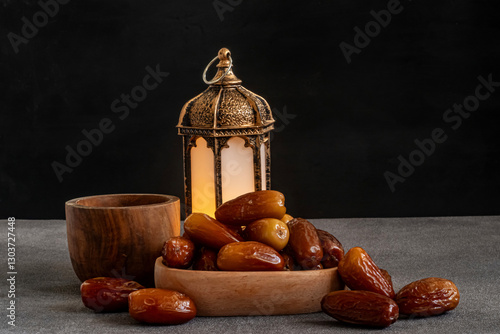 Wallpaper Mural dates in a wooden bowl and a wooden cup of water and Islamic lantern on concrete with black background. It's great for Islamic holidays like Ramadan, eid al fitr, eid al adha, etc. Torontodigital.ca
