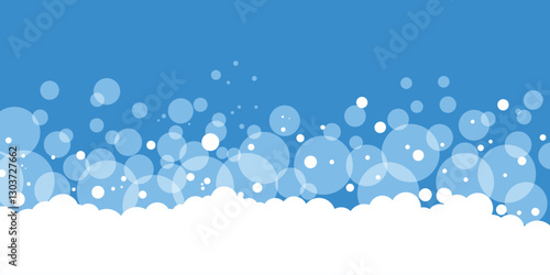 Cartoon soap bubble blue background, bath foam frame, shower water pattern, laundry transparent suds.	