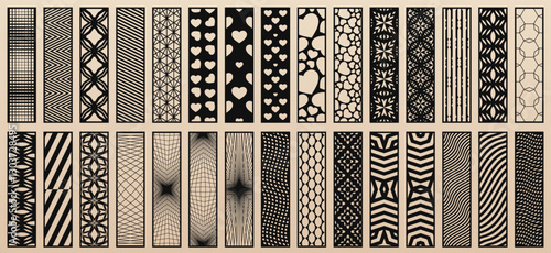 Big vector bundle of 30 templates for laser cut. Trendy design set with abstract geometric patterns, modern different geo ornaments. Stencils for CNC cutting of wood, paper, metal. Aspect ratio 1:4