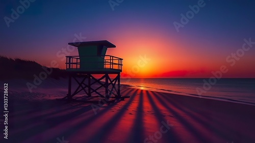 A lifeguard tower silhouetted against the vibrant colors of sunset, casting long shadows over the tranquil beach.