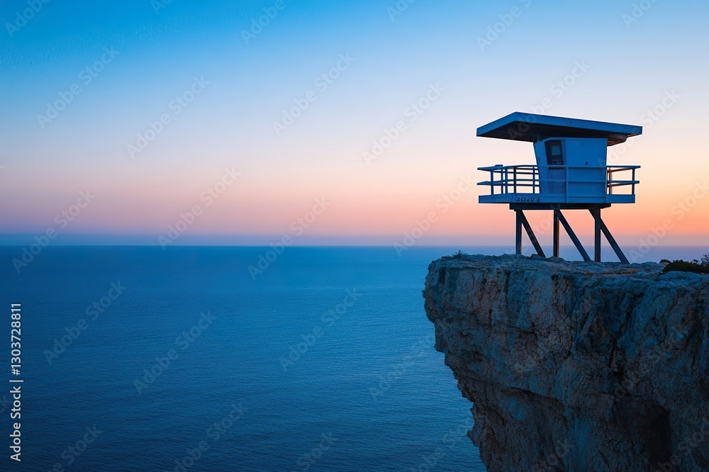 A lifeguard station perched on a cliff overlooking the sea at sunrise, with the vast ocean and sky in the background, creating a peaceful atmosphere. A lifeguard station perched on a cliff overlooking the sea at sunrise, with the vast ocean and sky in the background, creating a peaceful atmosphere.