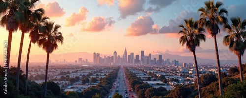 Iconic LA skyline, palm trees framing cityscape, urban, image