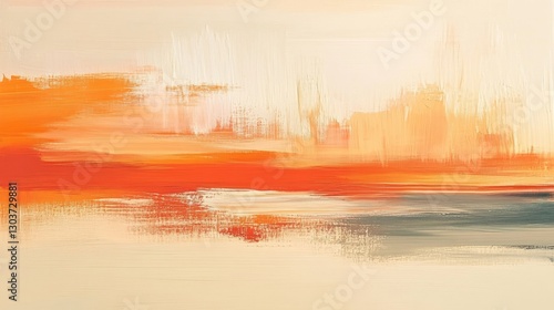 Abstract artwork featuring horizontal brushstrokes of orange and beige