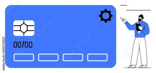 Credit card with chip and settings icon beside man pointing and holding notebook. Ideal for finance, banking, technology, customization, security, e-commerce, payments. Flat simple metaphor