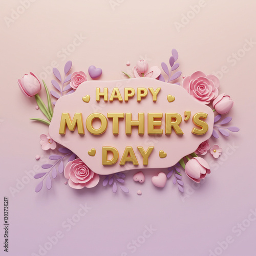 3D visualization of happy mother's day with flowers on pink background