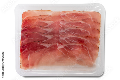 Billede på lærred Slices of speck ham packaged in plastic tray isolated