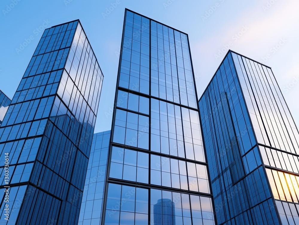 Modern skyscrapers reflecting the sky at sunset in an urban landscape Modern skyscrapers reflecting the sky at sunset in an urban landscape