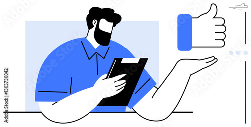 Male figure holding a clipboard, gesturing toward a thumbs-up. Ideal for teamwork, evaluation, feedback, approval, productivity, leadership support. Flat simple metaphor