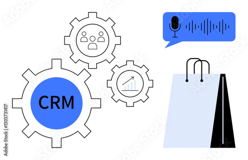 Interconnected CRM gears, chart, voice input, and shopping bag emphasizing automation in customer management. Ideal for CRM solutions, e-commerce, data integration, analytical tools, voice control