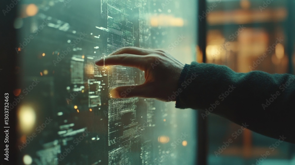 Fototapeta premium Hand interacting with a futuristic transparent display, showcasing dynamic source code and highlighting innovation in software engineering and advanced user interface design