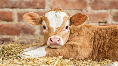 A calm and adorable calf resting on straw, with a warm expression and soft brown and white fur, against a rustic brick background.