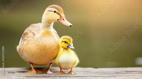 A mother duck and her adorable duckling sitting together on a wooden surface, surrounded by a serene, blurred background, evoking warmth and tenderness.