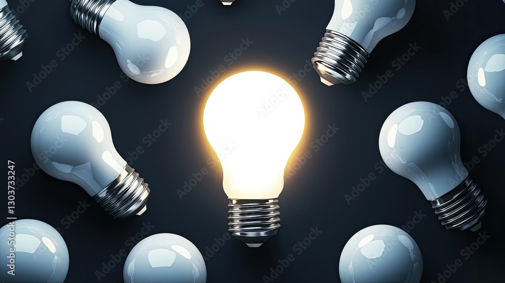 Bright light bulb glowing among others on dark background, symbolizing ideas and innovation in technology and creativity. Bright light bulb glowing among others on dark background, symbolizing ideas and innovation in technology and creativity.